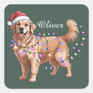 Personalized Name Christmas Golden Retriever Dog  Square Sticker