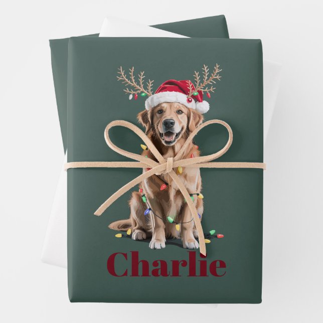 Personalized Name Christmas Golden Retriever Dog Wrapping Paper Sheet (In situ)