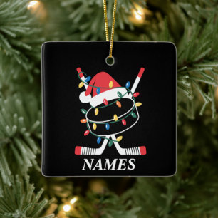 Personalized Name Christmas Hockey Xmas Santa Hat Ceramic Ornament