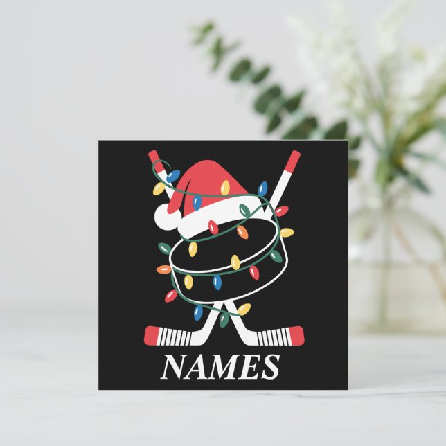 Personalized Name Christmas Hockey Xmas Santa Hat Holiday Card (Standing Front)