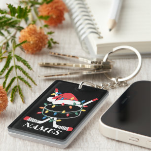 Personalized Name Christmas Hockey Xmas Santa Hat Keychain