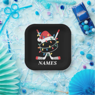 Personalized Name Christmas Hockey Xmas Santa Hat Paper Plate
