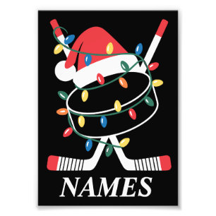Personalized Name Christmas Hockey Xmas Santa Hat Photo Print