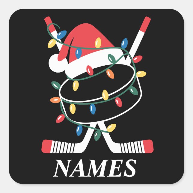 Personalized Name Christmas Hockey Xmas Santa Hat Square Sticker (Front)