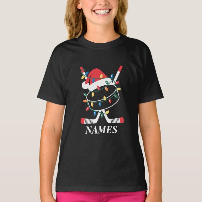 Personalized Name Christmas Hockey Xmas Santa Hat T-Shirt (Front)