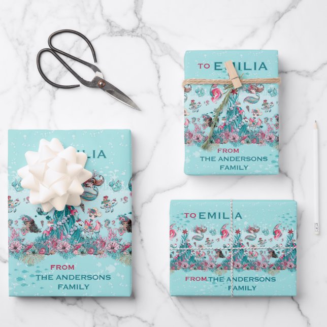 Personalized name Christmas Mermaid and Friends Wrapping Paper Sheet (Front)