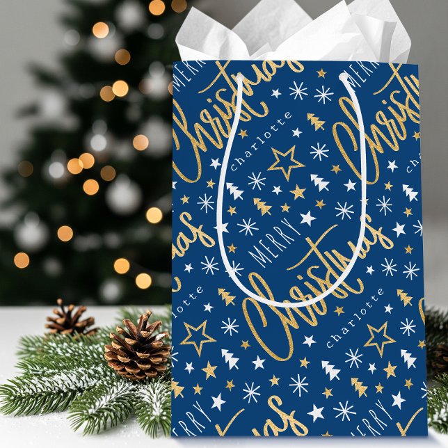 Personalized Name Christmas Script Blue Faux Gold Medium Gift Bag (Creator Uploaded)