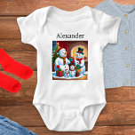 Personalized Name Christmas Snowman Family Picture Baby Bodysuit<br><div class="desc">A fun and festive design picturing a snowman with his family,  with winter gifts and Christmas tree. Cute and colourful,  the cheerful picture is sure to bring seasonal smiles. Personalize with a name across the top for an individual finishing touch.</div>