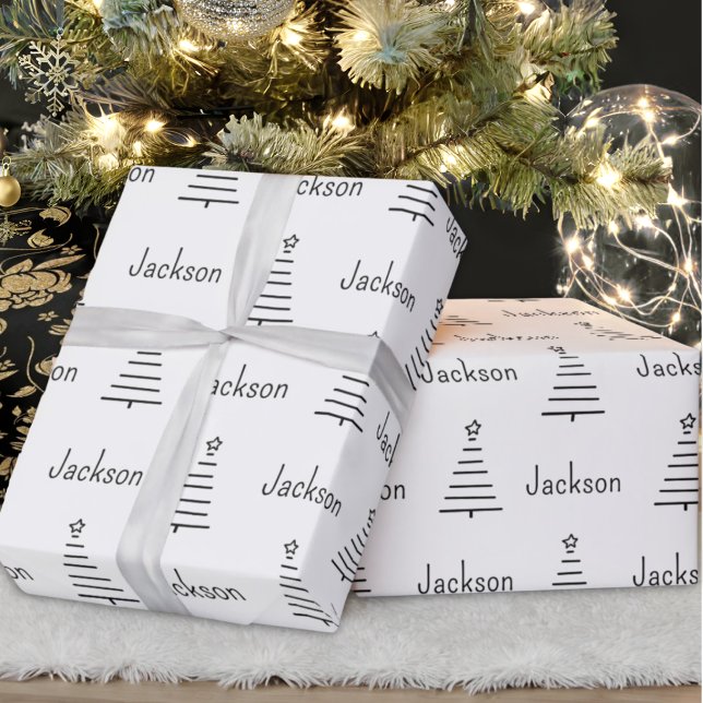 Personalized Name Christmas Tree Black & White Wrapping Paper (Creator Uploaded)