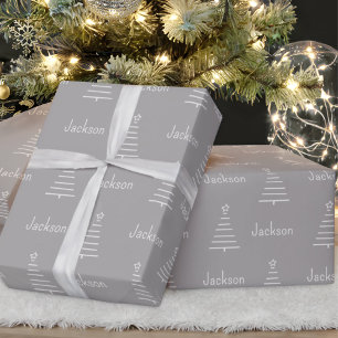 Personalized Name Christmas Tree Grey Gift Wrapping Paper