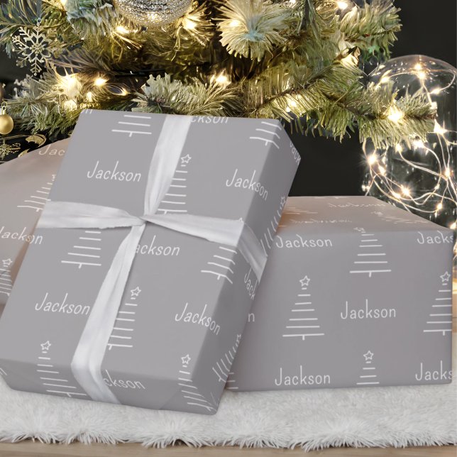 Personalized Name Christmas Tree Grey Gift Wrapping Paper (Creator Uploaded)