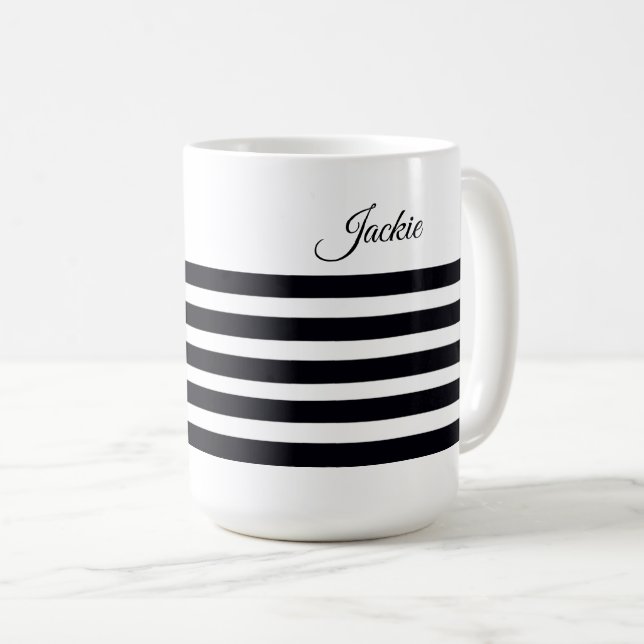 Personalized Name Classic Black & White Stripes Coffee Mug (Front Right)