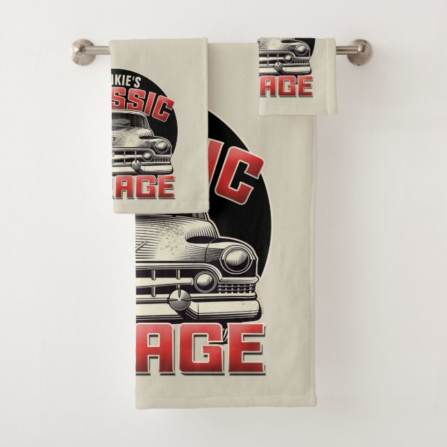 Personalized NAME Classic Car Garage Custom Shop Bath Towel Set (Insitu)