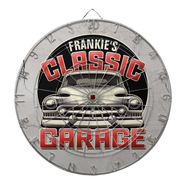 Personalized NAME Classic Car Garage Custom Shop Dartboard (Front)