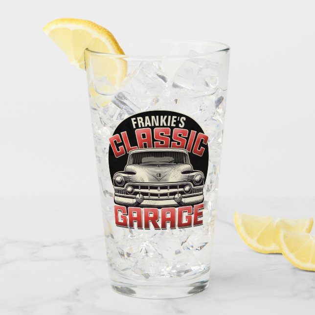 Personalized NAME Classic Car Garage Custom Shop Glass (Front Ice)