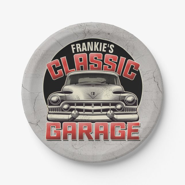 Personalized NAME Classic Car Garage Custom Shop Paper Plate (Front)