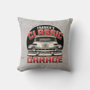 Personalized NAME Classic Car Garage Custom Shop Throw Pillow