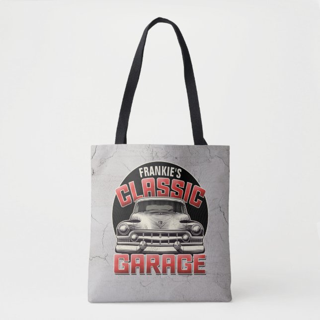 Personalized NAME Classic Car Garage Custom Shop Tote Bag (Front)