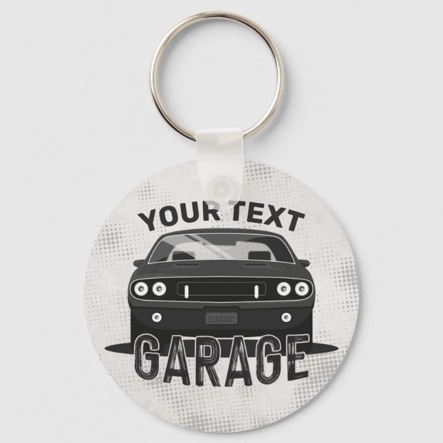 Personalized NAME Classic Muscle Car Garage Retro Keychain (Front)