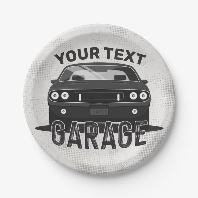 Personalized NAME Classic Muscle Car Garage Retro Paper Plate (Front)
