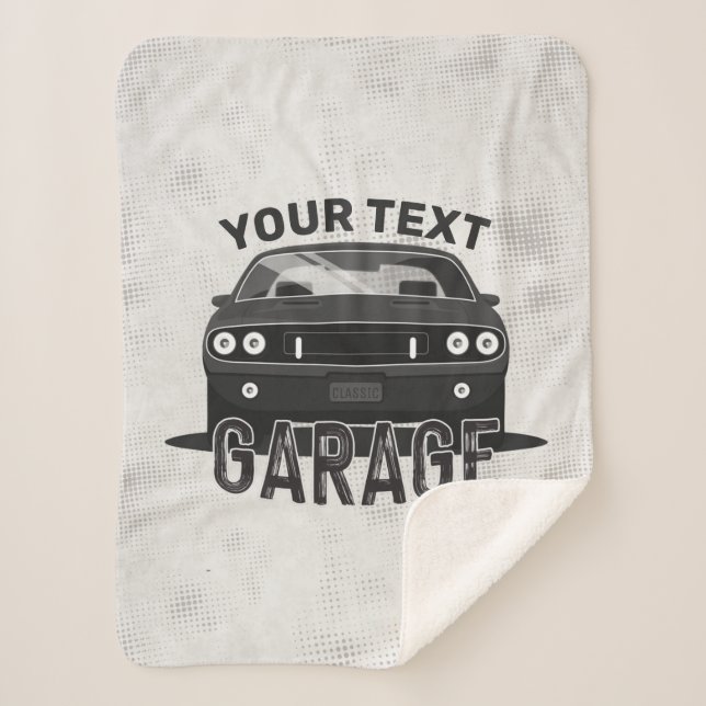 Personalized NAME Classic Muscle Car Garage Retro Sherpa Blanket (Front)