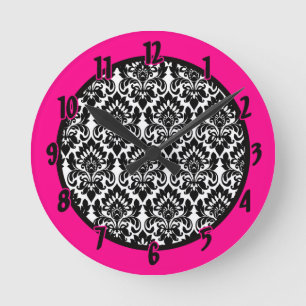 Personalized Name Clock Black “Hot Pink” Damask