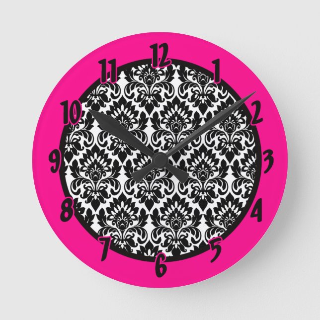 Personalized Name Clock Black “Hot Pink” Damask (Front)