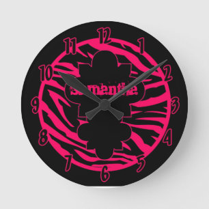 Personalized Name Clock Hot Pink Black Zebra Print