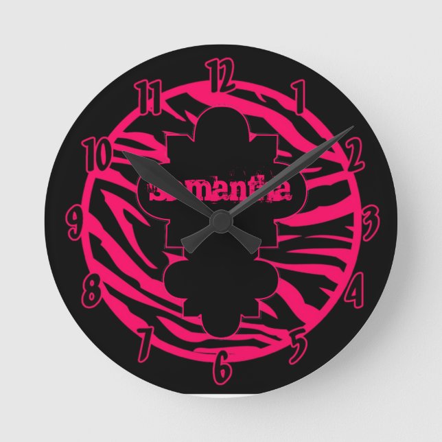 Personalized Name Clock Hot Pink Black Zebra Print (Front)