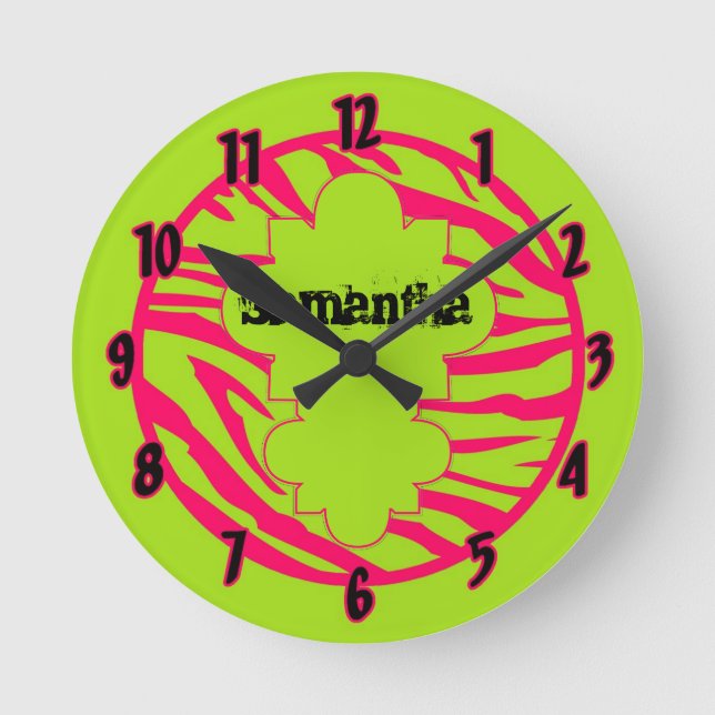 Personalized Name Clock Hot Pink Lime Zebra Print (Front)