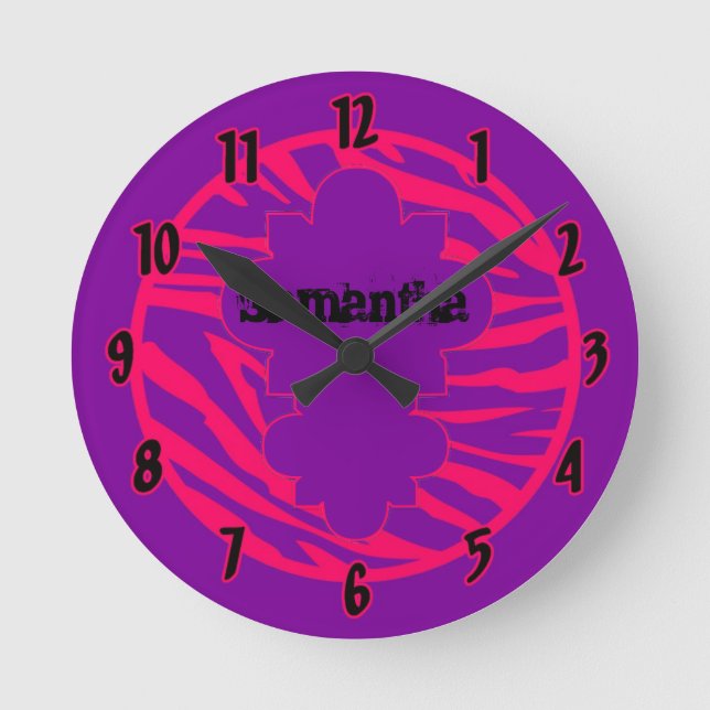 Personalized Name Clock Hot Pink Purple Zebra (Front)