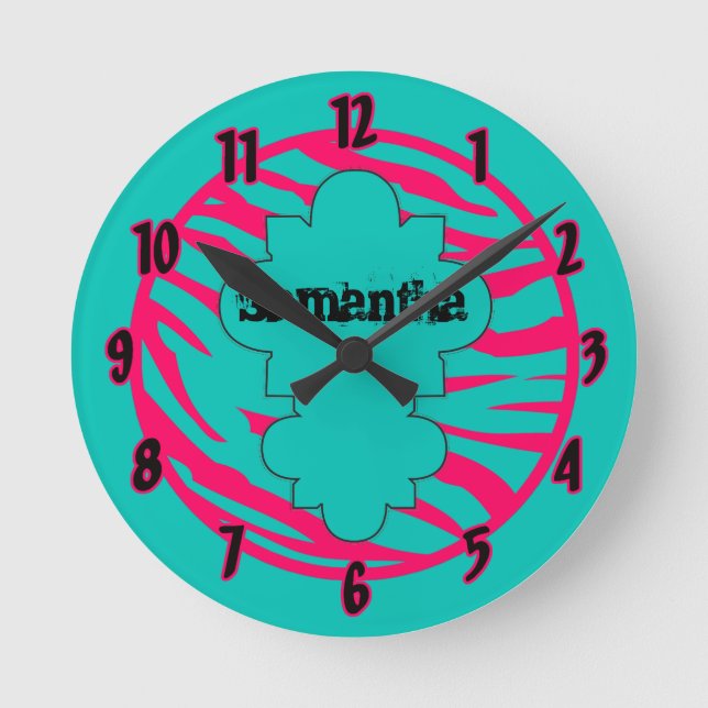 Personalized Name Clock Hot Pink Teal Zebra Print (Front)