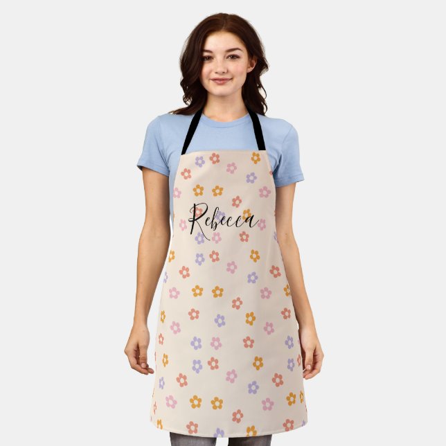 Personalized Name Coloured Daisy Floral Pattern Apron (Worn)