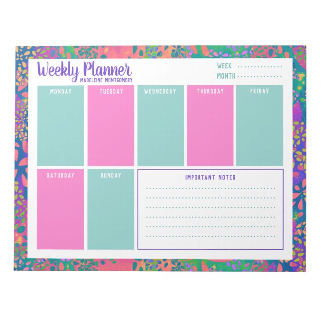 Personalized Name Colourful Abstract Weekly Planne Notepad (Front)