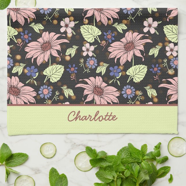 Personalized name colourful floral seamless patter kitchen towel (Folded)