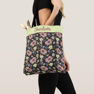 Personalized name colourful floral seamless patter tote bag