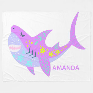 Personalized Name Colourful Kawaii Shark Purple Fleece Blanket