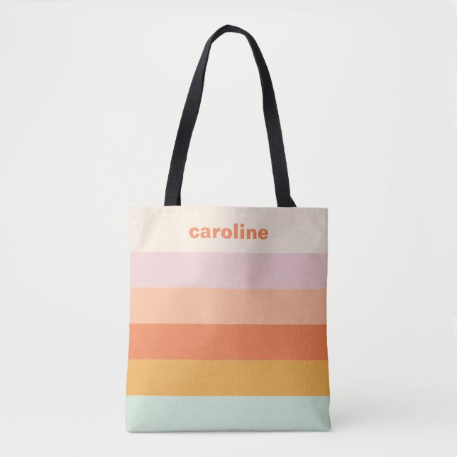 Personalized Name Colourful Stripes Retro Pastel Tote Bag (Front)