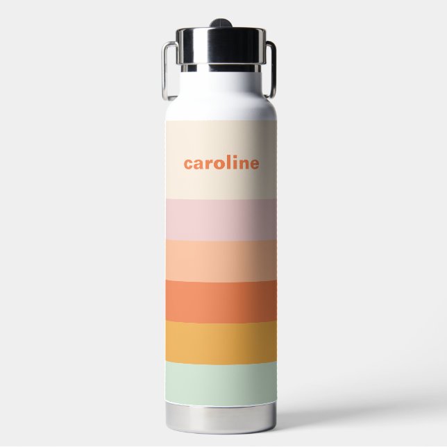 Personalized Name Colourful Stripes Retro Pastel Water Bottle (Front)