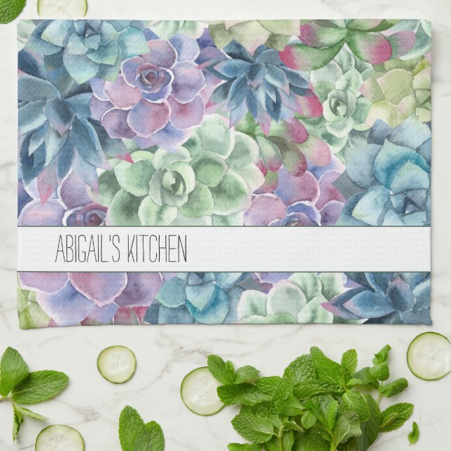 Personalized Name Colourful Watercolor Succulents Kitchen Towel (Folded)