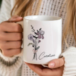 Personalized Name Coquette Birth Flower February  Coffee Mug<br><div class="desc">his beautiful custom mug features the February birth flower, the iris, making it the perfect gift for a bridesmaid, mom, or grandma. With a delicate hand-drawn bouquet design, this personalized mug adds a touch of elegance to any morning coffee or tea routine. You can customize it with the recipient's name,...</div>