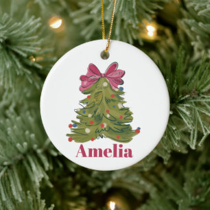 Personalized Name Coquette Christmas Tree Girly Ceramic Ornament