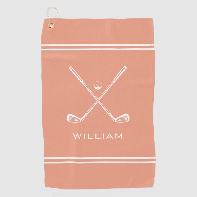 Personalized Name Coral Peach Stripes Stylish Golf Towel (Front)