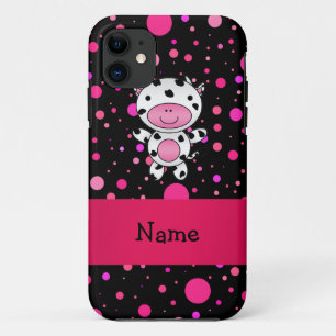 Personalized name cow black pink polka dots iPhone 11 case