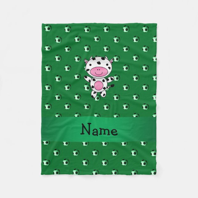 Personalized name cow green soccer balls fleece blanket (Front)