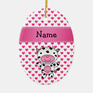 Personalized name cow pink hearts polka dots ceramic ornament