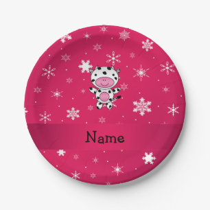 Personalized name cow pink snowflakes paper plate
