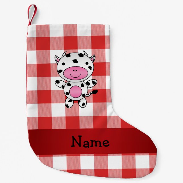 Personalized name cow red picnic checkers small christmas stocking (Front)