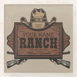 Personalized NAME Cowboy Guns Western Ranch Sign Glass Coaster
