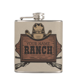 Personalized NAME Cowboy Guns Western Ranch Sign Hip Flask